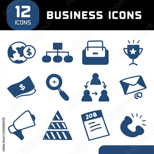 Business flat icon set with office, communication, finance, marketing, and management elements