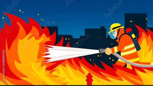 Firefighter Spraying Water To Extinguish Fire