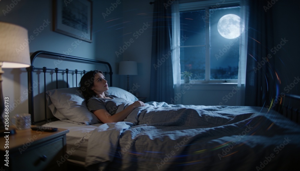 Fototapeta premium Lying woman in grey T-shirt, pajama bottoms on metal-framed bed, gazing at moonlit window with lamp