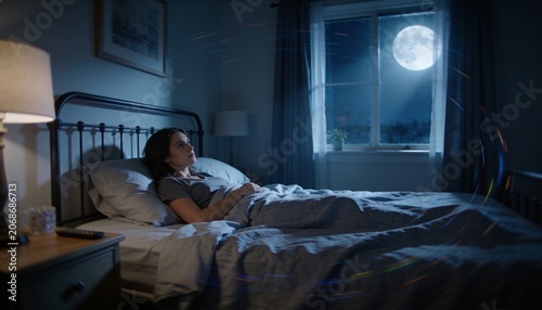 Lying woman in grey T-shirt, pajama bottoms on metal-framed bed, gazing at moonlit window with lamp