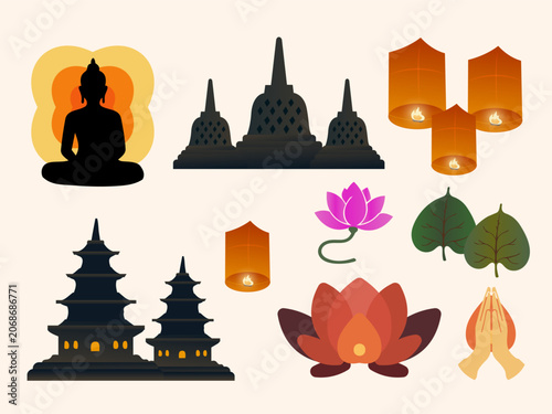 Vesak Day Elements Set with Buddha ,Lotus ,Lantern and Temple Collection