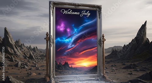 Welcome sign at sunset with mountain silhouettes and rainbow sky.