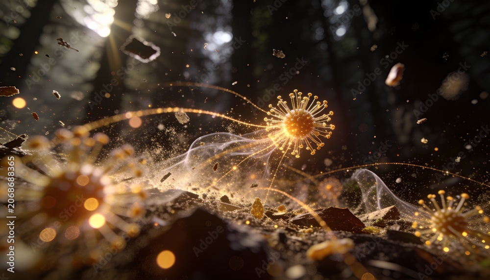 Fototapeta premium Emitting golden light, glowing spherical particle drifting on forest floor with filament ribbons