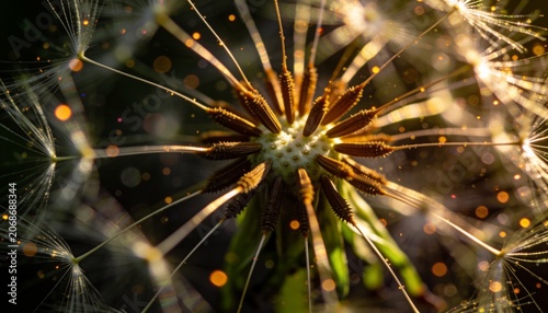 Showing dandelion seed head revealing brown achenes and pappus filaments in meadow, golden bokeh