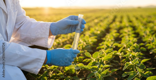 A scientist in a lab coat holds a test tube while examining crops in a field during sunset, blending agriculture with scientific research.