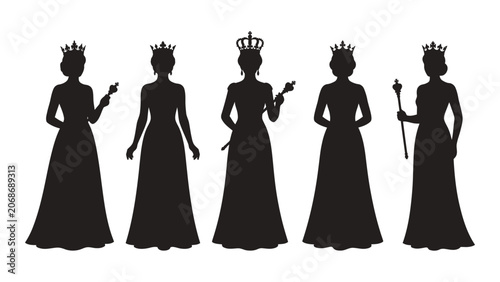 Konstfotografi Black silhouettes of queen women in royal gowns with crowns