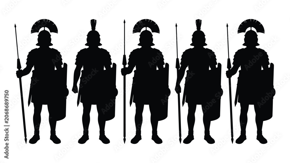 Εκτύπωση καμβά Black silhouettes of five ancient roman soldiers with helmets and spears