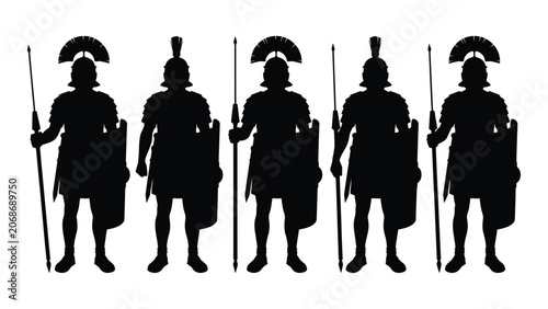 Obraz na plátně Black silhouettes of five ancient roman soldiers with helmets and spears