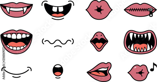 Cartoon mouth expressions set with 12 vector icons, funny character lips and teeth showing various emotions, vampire fangs and monster mouths, pink lips with zipper and whistling musical note