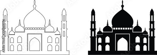 Taj mahal outline icon or black silhouette vector illustration, indian famous landmark flat design on transparent background.