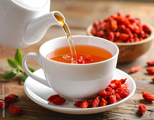 Healthy Goji Berry Tea Being Poured from a Teapot into a White Cup.
