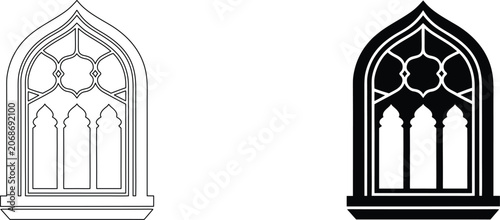 Classic arched window with decorative lattice and triple pane design vector illustration for architectural decoration.