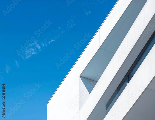 Modern White Building Facade Against a Clear Blue Sky.