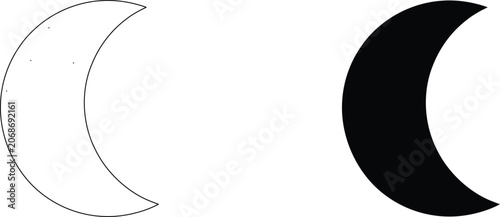 Crescent moon outline and solid shape isolated on transparent checkered background vector illustration set.