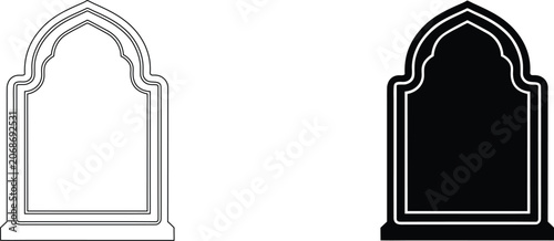Elaborate arched window outline and black solid silhouette on transparent checkered background vector graphic.