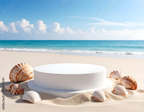 Tropical Beach Scene with Seashells and Pedestal for Product Display.