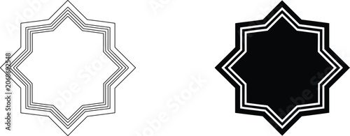 Eight pointed star geometric frame design with minimalist outline style isolated on transparent background vector element.