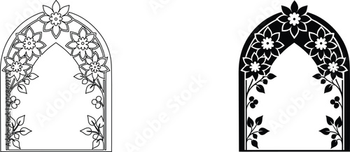 Floral archway border vector outline and black silhouette decorative frame with blooming flowers and botanical leaves.