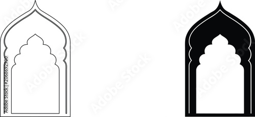 Islamic arch border vector outline and black silhouette frames for oriental style decoration and islamic architecture.