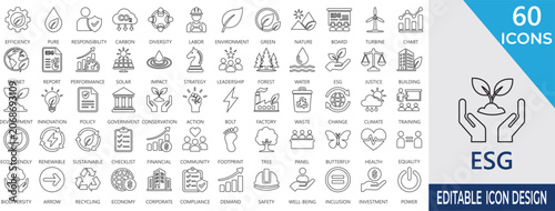Bild auf Leinwand ESG stroke icon set featuring environmental impact, social responsibility, corporate governance, diversity, sustainability, and ethical business