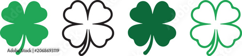Fotografie Four leaf clover flat icon graphics, lucky shamrock shapes in solid green black and line versions, decorative charm symbols, seasonal celebration theme, modern vector black illustration new