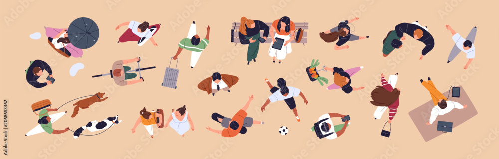 Fototapeta premium People top view set. Overhead of different standing, going, hurrying and running men and women. Above of walking dogs, having a picnic and cycling girls and boys. Flat isolated vector illustrations