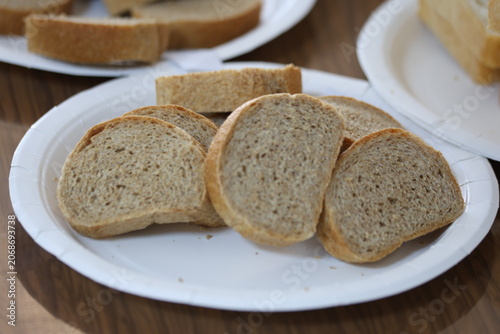 Sliced Bread Samples Prepared on White Plates for Sensory Profile and Consumer Acceptance Testing