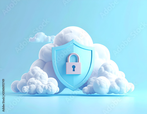 Cloud Security Shield with Padlock Icon and Fluffy Clouds.