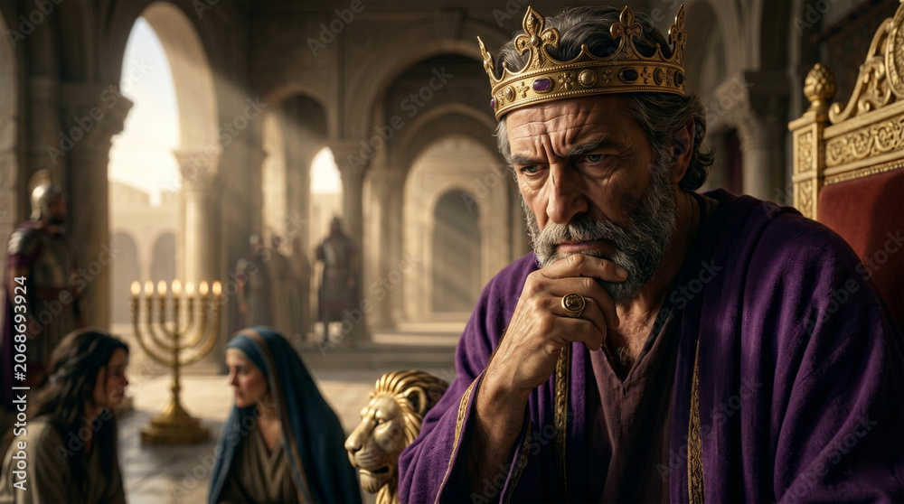 Naklejka premium Bible, A high-contrast portrait of King Solomon, his brow furrowed in deep thought. He is resting his chin on his hand, looking down at the two women with a keen, discerning gaze. 