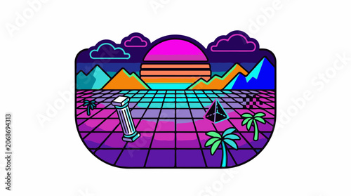 A futuristic landscape with pink, purple, and turquoise hues