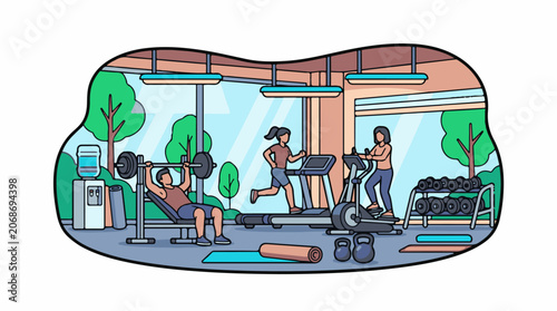 A gym scene with people exercising on various equipment