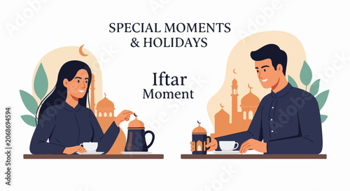 A man and woman share a moment over tea and dates during iftar