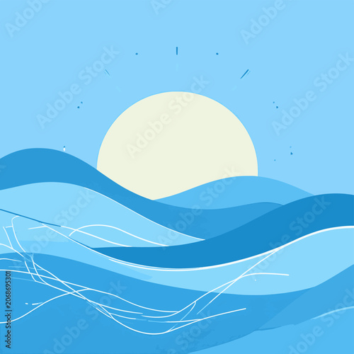 A serene landscape with a large sun setting behind gently rolling blue hills