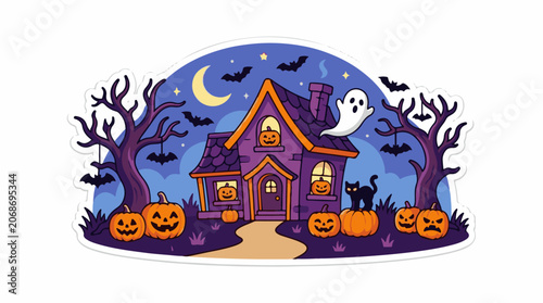 A purple house with jack-o-lanterns and a ghost on a spooky Halloween night