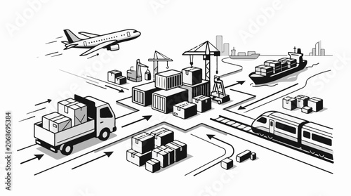 A logistics hub with various modes of transportation and cargo handling