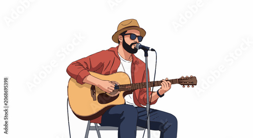 A man in a red shirt and brown hat plays an acoustic guitar and sings into a microphone