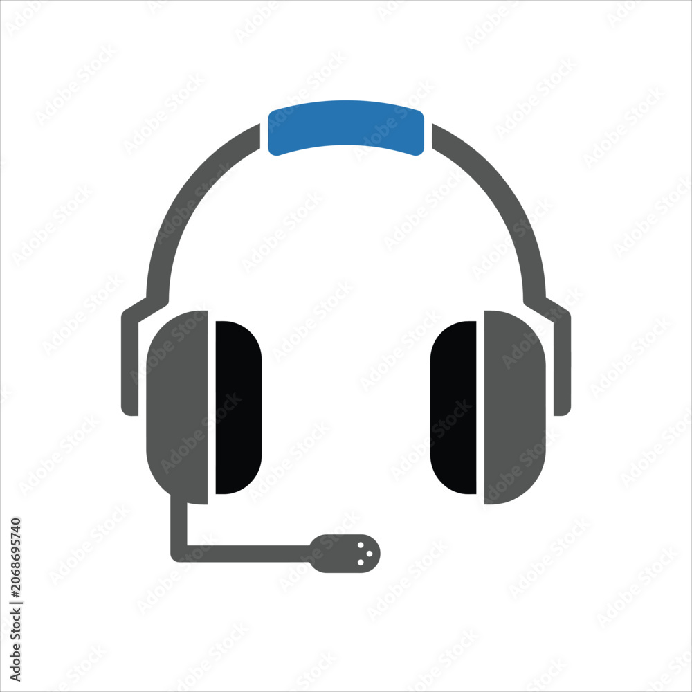 Fototapeta premium A professional vector illustration of a gray and blue headset with microphone on a white background, symbolizing communication and customer support in a modern tech setting.