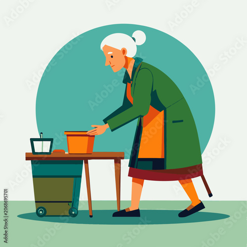 An elderly woman in a green coat putting items into a trash can