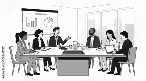 A grayscale illustration of a group of business professionals in a meeting