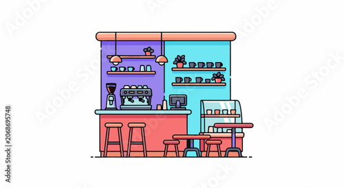 Colorful cartoon illustration of a cozy cafe interior with a counter, shelves, tables, and stools