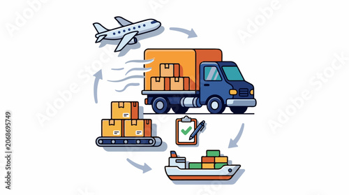Cartoon illustration of shipping and delivery process with plane, truck, ship and conveyor belt
