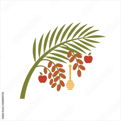 Vector illustration of a palm branch with dates, apples, and a honey dipper, symbolizing abundance and harvest in a simple, modern style.