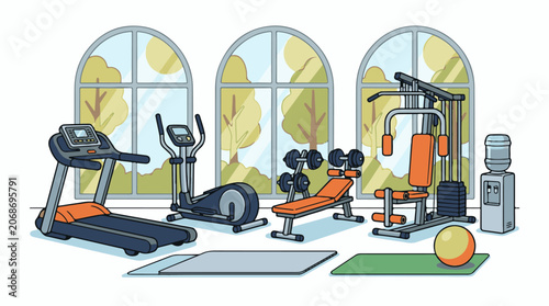 Colorful gym interior with exercise equipment and arched windows