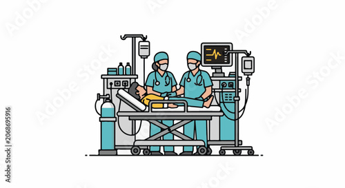 Medical illustration of two surgeons in blue scrubs attending to a patient on an operating table