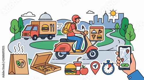 A food delivery person on a scooter with various food items and a city background