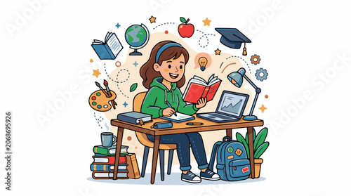 A girl sits at a desk with various school supplies and symbols