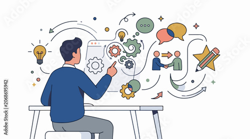 Illustration of a man sitting at a desk with a computer and various thought and communication symbols