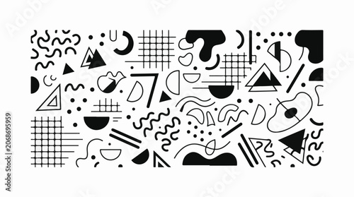 A black and white abstract pattern with geometric shapes and lines on a white background