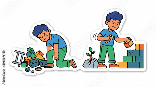 A cartoon illustration of two boys building and rebuilding with blocks