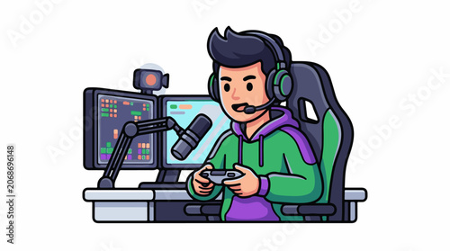 A cartoon man in a green and purple hoodie sits at a desk with two computer monitors, a microphone, and a game controller